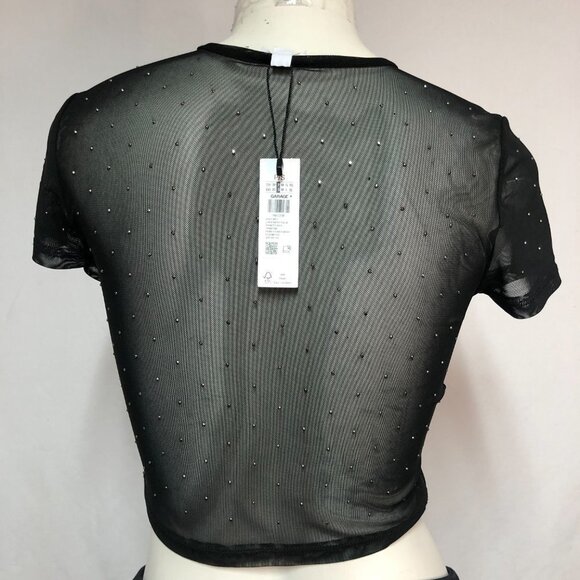 NWT Garage Black Mesh Short Sleeve Crop Top With Rhinestones Size Small - Picture 2 of 9